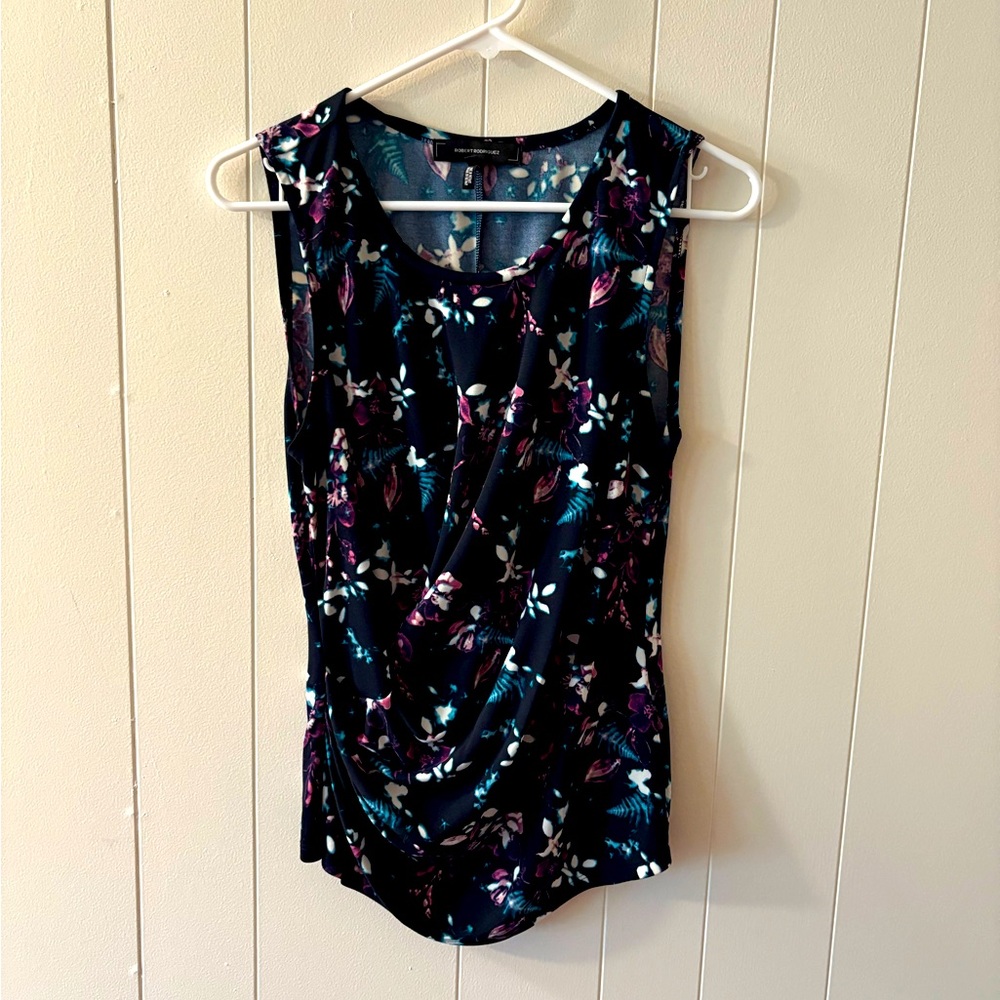 Robert Rodriguez Blue Purple Ruched Tank Top Womens Medium dark floral whimsy